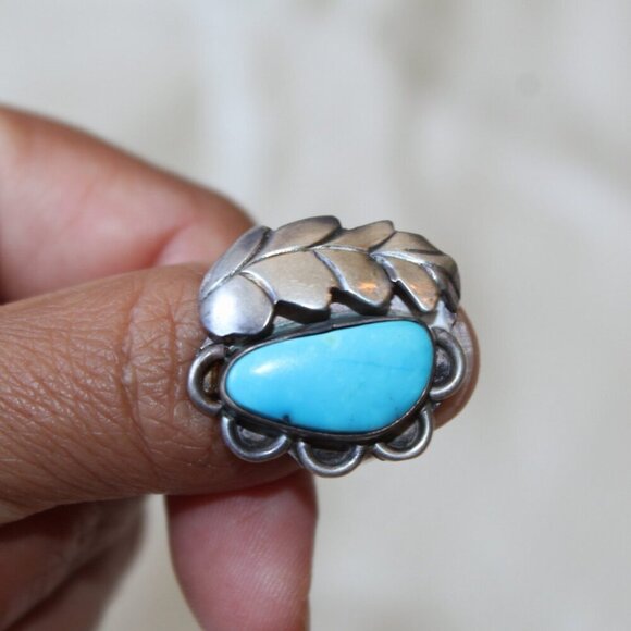 Sterling Silver Turquoise Navajo Ring Feather Native American 5.5 Signed 7.9g - Picture 7 of 11